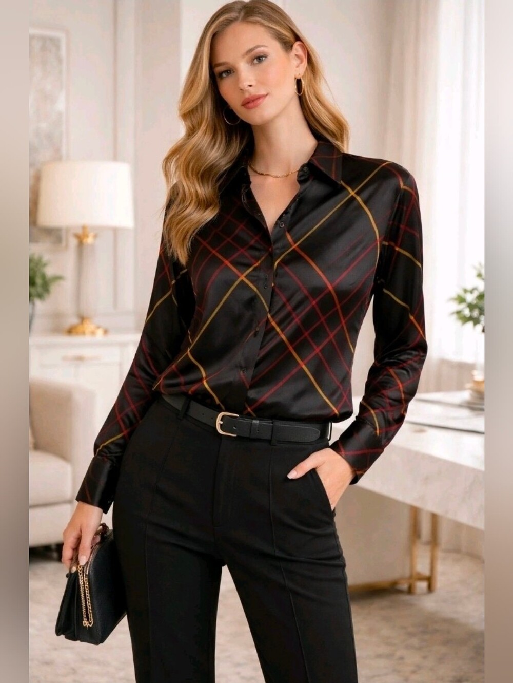 Share Rag & Bone Black Red Plaid Satin Long Sleeve Tunic Button Down Shirt S/P